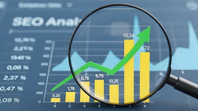 Seo analysis and growth chart viewed through a magnifying glass