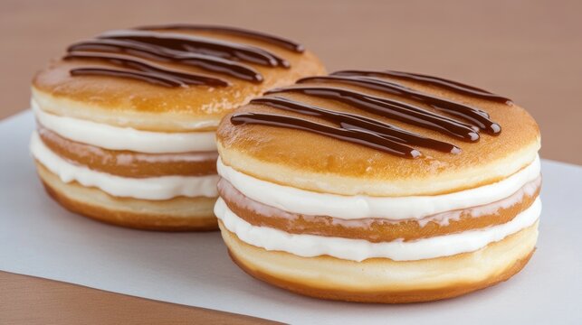 Cream-filled doughnuts topped with colorful sprinkles sit invitingly on a wooden surface, ideal for dessert lovers