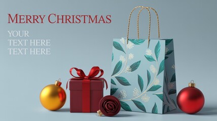 Elegant Merry Christmas greeting with gift bag, present and ornaments for joyful holiday marketing projects and customizable design templates ready for your text