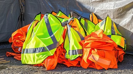 A pile of brightly colored high visibility safety vests in neon green and orange hues is stacked outdoors on the ground