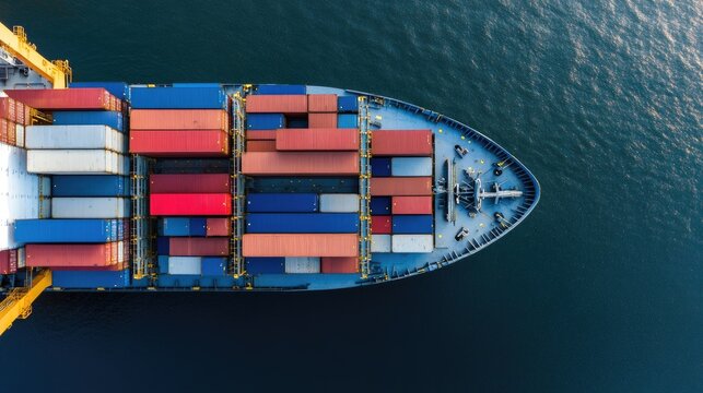 A large container ship is docked at the Hamburg terminal, surrounded by cargo cranes and shimmering water at sunset