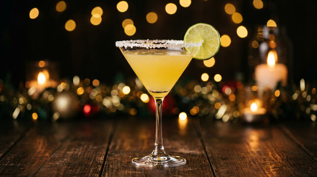 An elegant yellow cocktail in a martini glass with a salted rim and lime garnish sitting on a wooden table against a background of festive warm bokeh lights. - Powered by Adobe