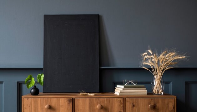 Elevated Simplicity: A stylish composition showcases a blank black canvas, nestled on a wooden cabinet and adorned with botanical elements, harmoniously blending art, design, and nature's allure.