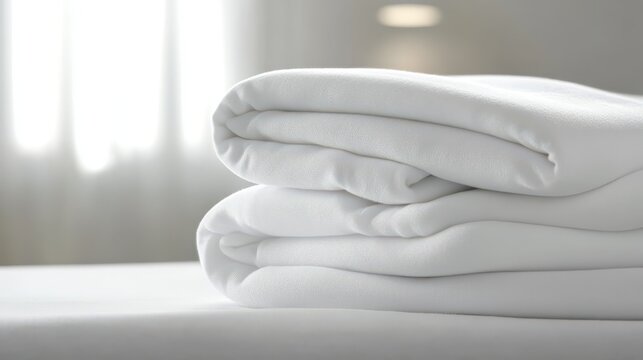 A precisely folded stack of clean white medical blankets rests neatly on a surface providing warmth and comfort in a sterile environment
