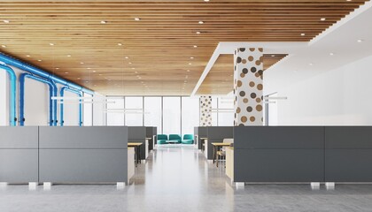 Modern Workspace: A contemporary office space, bathed in natural light, showcases sleek design elements and an inviting atmosphere. Embodying functionality and aesthetic appeal. 
