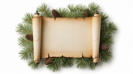 Craft a heartfelt holiday greeting or winter invitation with this charming scroll nestled among fresh pine boughs and rustic pinecones, a touch of cozy tradition