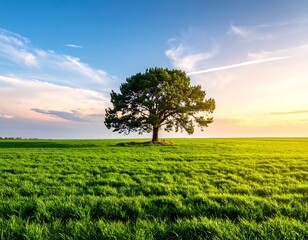 Fototapeta premium Solitary tree sits amid a vibrant green field under a bright blue sky with sunset hues on the horizon