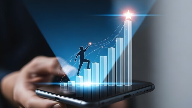 Digital growth on mobile a man climbing a virtual bar graph on a phone