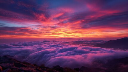Stunning sunset over a sea of clouds in the mountains, showcasing vibrant colors in the sky during twilight hours