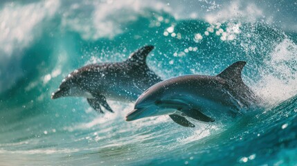 Fototapeta premium Dolphins swimming through turquoise waves in the ocean during a bright sunny day near the shore