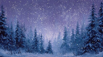 Night landscape of a winter snowy forest with a starry sky