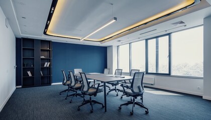Modern Workspace: A contemporary office space, bathed in natural light, featuring a boardroom table, ergonomic chairs, and a well-stocked bookshelf, ideal for business meetings.