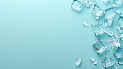 Scattered clear ice cubes are arranged on a light blue background, creating a refreshing visual ideal for drink and cocktail themes