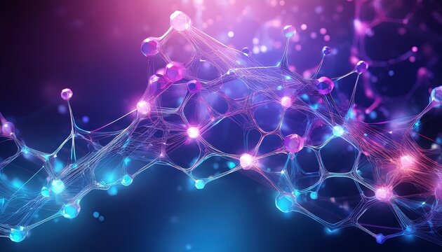 molecular structure with glowing particles on a dark blue and purple background