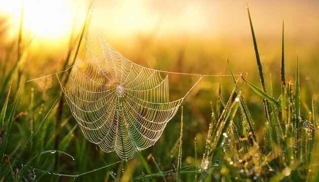 spiderweb with water droplets on grass in the morning sun close up view