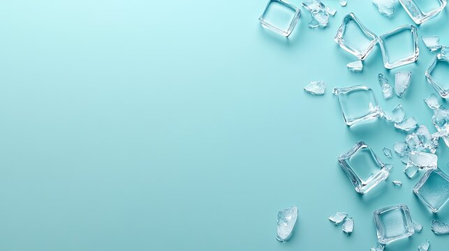 Scattered clear ice cubes are arranged on a light blue background, creating a refreshing visual ideal for drink and cocktail themes