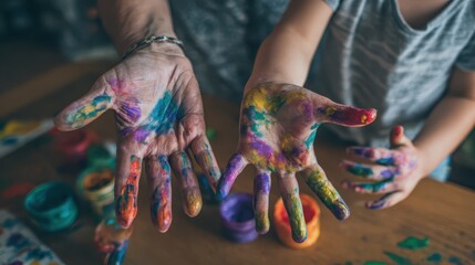Family bonding through colorful hand painting activity at home during sunny afternoon
