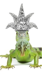 iguana wearing a tinfoil hat, paranoid, paranoia, on a white background, animal photo