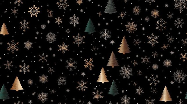 A seamless pattern featuring Christmas trees and snowflakes in green, brown, beige, and grey on a black background for festive designs SEAMLESS PATTERN - Powered by Adobe