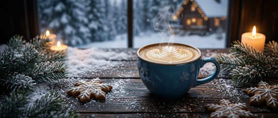 Steaming blue cup of cappuccino with latte art sitting on a rustic wooden table surrounded by gingerbread cookies and snowy pine branches during the winter holidays.
