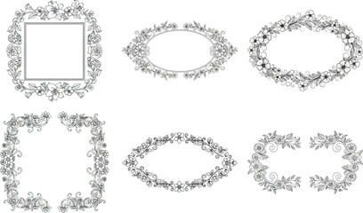 Obraz premium Collection of six elegant floral frames with intricate leaf and flower details isolated on transparent background