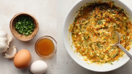 Fresh ingredients and homemade mixture for delicious meal preparation,National Fritters Day