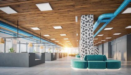  Modern Office Interior Design: A contemporary office space boasts an open-plan layout with sleek desks, wooden ceiling, and a vibrant touch of color.