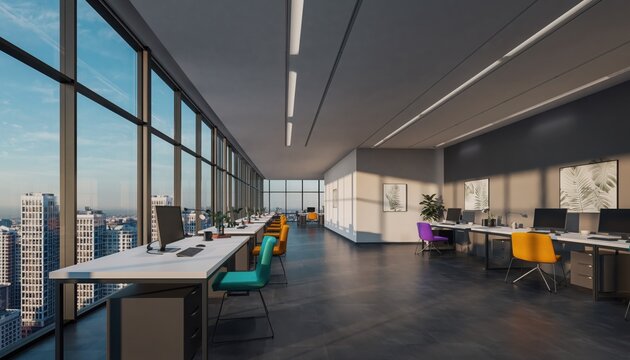Modern Office with City View: A modern office space, showcasing a row of sleek desks facing panoramic windows with city views, and chairs in various colors create a dynamic work environment.