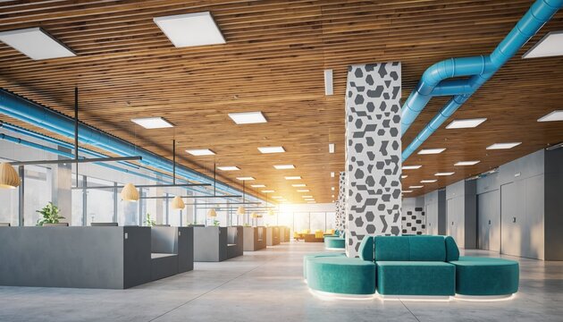  Modern Office Interior Design: A contemporary office space boasts an open-plan layout with sleek desks, wooden ceiling, and a vibrant touch of color.