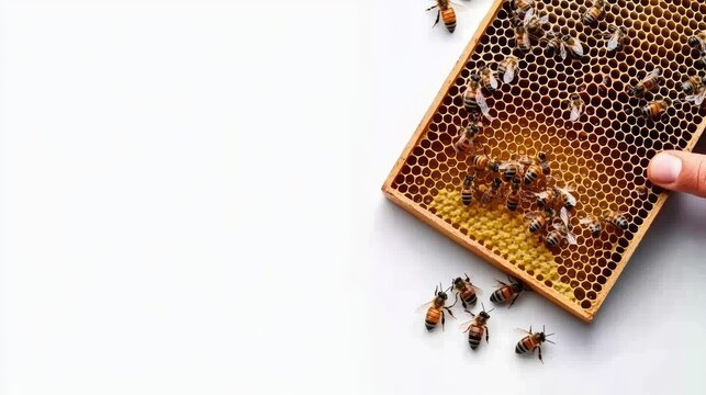 A beekeeper uses an axe to open a hive, revealing a honeycomb abundant with bees under soft natural lighting