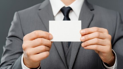 Business professional holds blank card in business attire in a neutral setting conveying importance of networking
