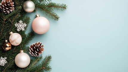 Delicate snowflakes and white ornaments create a festive winter composition against a pastel blue backdrop, perfect for holiday greetings
