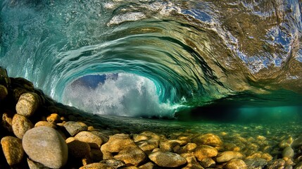 A swirling ocean wave with debris and underwater view