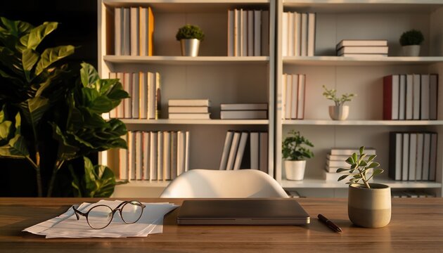 Serene Library Workspace: A well-lit and organized workspace featuring a wooden desk, glasses, books, and potted plants creates a tranquil environment conducive to study and work. 