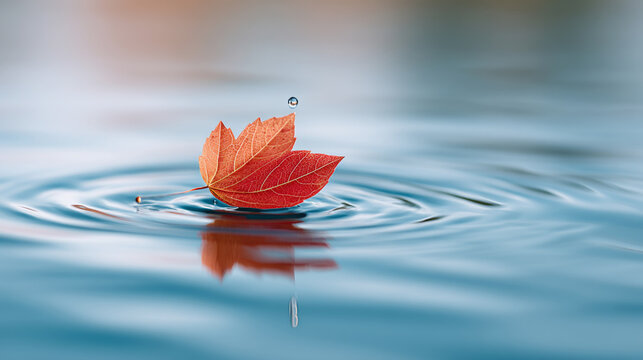 Autumn tranquility at mountain lake with falling leaf and water ripples