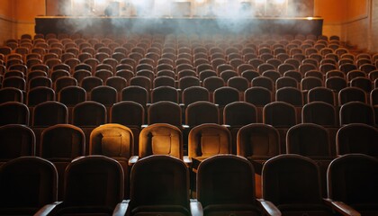 Waiting for the Curtain: Rows of empty theater seats, bathed in dramatic lighting and a mystical atmosphere, create a sense of anticipation and the allure of performance.
