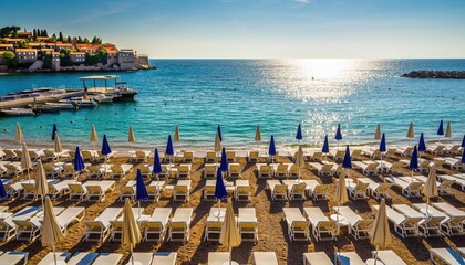 Coastal Relaxation: A vibrant coastal scene unfolds, featuring rows of beach chairs and umbrellas. The sun glistens on the tranquil water, with a pier and buildings in the distance.