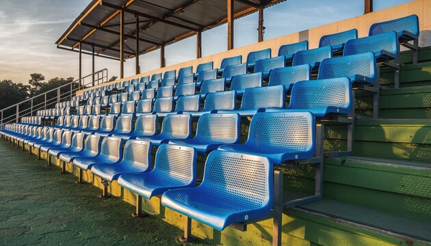 Stadium Seating Under the Skylight: Rows of empty blue stadium seats ascending into the sky, hinting at anticipation and gathering.