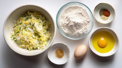 Ingredients for delicious homemade pancakes with zucchini and spices,National Fritters Day