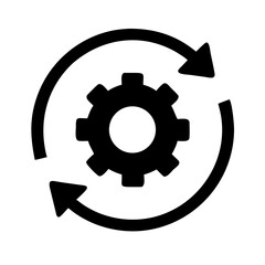 Black gear with arrows rotating around it indicating process or cycle in a simple vector image icon style