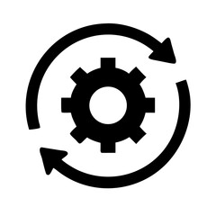 Black gear icon encircled by two arrows indicating a cyclical process or continuous workflow design