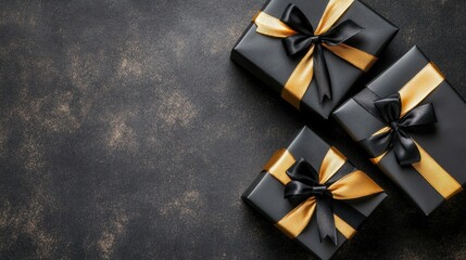 Stylish black gift boxes adorned with ribbon bows are arranged on a dark background, perfect for promoting Black Friday sales