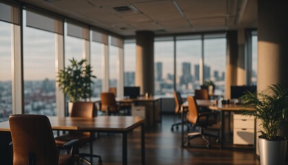 Modern Workspace with City Views: An expansive office space is bathed in natural light, offering stunning city views, suggesting productivity and an inviting atmosphere.