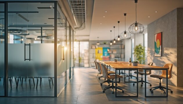 Modern Workspace: Sunlight streams into a sleek, contemporary office space, illuminating the minimalist design and highlighting the collaborative atmosphere.