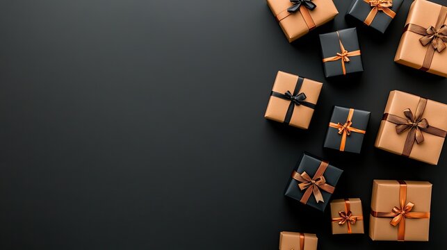 Simple and elegant black gift boxes with ribbons arranged neatly on a dark background, ideal for celebrating Black Friday
