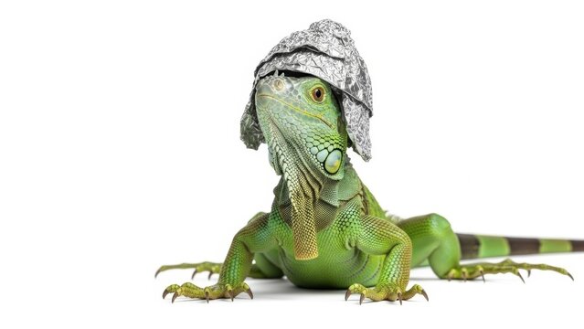iguana wearing a tinfoil hat, paranoid, paranoia, on a white background, animal photo