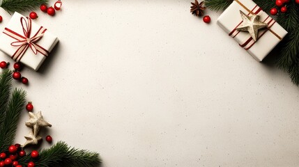 A festive Christmas border frame showcases lush pine branches adorned with vibrant red berries and elegant gold ornaments, ideal for holiday decor