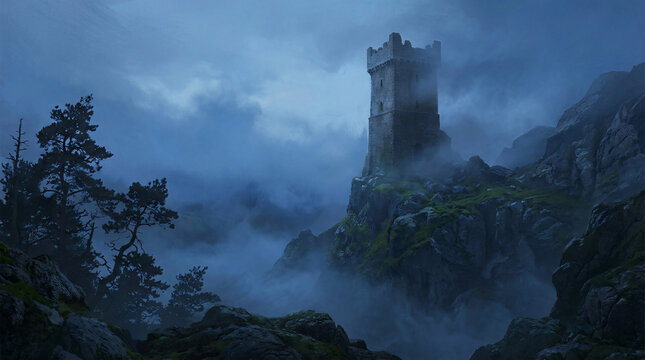 Mysterious medieval stone tower standing on a rocky cliff surrounded by thick blue fog and dark pine trees in a moody mountain landscape.