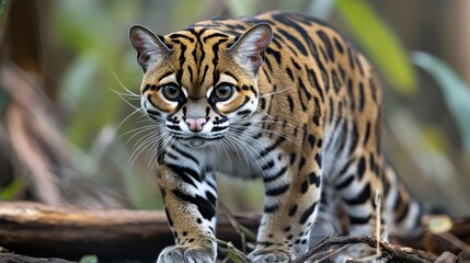 An Ocelot with spotted coat stalking silently outdoors