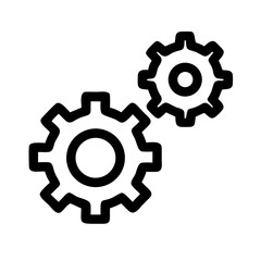 Two interlocked gears depicted in a simple black outline style on a white background showing movement